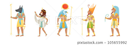 Egyptian God and Deities Wearing Antique Clothing and Holding Rod Vector Set Egyptian God and Deities Wearing Antique Clothing and Holding Rod Vector Set 105655992