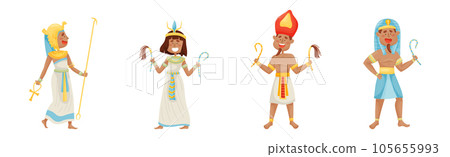 Egyptian God and Deities Wearing Antique Clothing and Holding Rod Vector Set 105655993