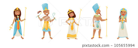 Egyptian God and Deities Wearing Antique Clothing and Holding Rod Vector Set 105655994