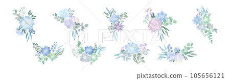 Blue Flower Bouquet and Floral Blooming Composition Vector Set 105656121