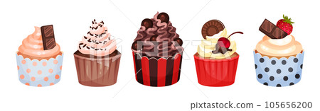Sweet Cupcake or Fairy Cake Baked in Paper Cup Topped with Whipped Cream Vector Set 105656200