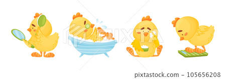 Little Yellow Chick Washing Having Spa Vector Set 105656208