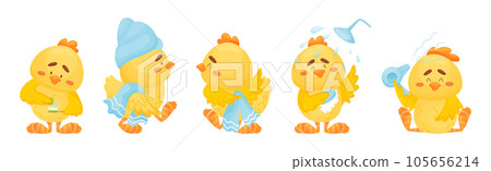 Little Yellow Chick Washing Having Spa Vector Set 105656214