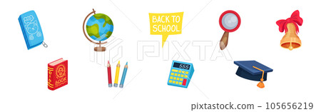Globe, Magnifier, Bell, Book, Pencil, Calculator and Graduation Hat as Back to School Symbol and Stationery Object Vector Set Globe, Magnifier, Bell, Book, Pencil, Calculator and Graduation Hat as Back to School Symbol and Stationery Object Vector Set 105656219