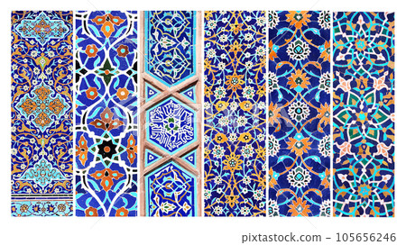 Set of vertical or horizontal banners with detail of ancient mosaic walls with floral and geometric ornaments Set of vertical or horizontal banners with detail of ancient mosaic walls with floral and geometric ornaments 105656246