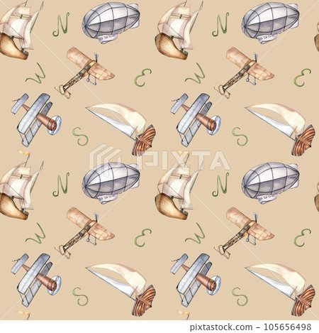 Sailing ship, air balloon, airplane watercolor seamless pattern isolated on beige. Boat, aircraft, vessel, aerostat hand drawn. Print for boy, wrapping, textile, vintage style wallpaper, background 105656498