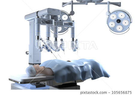 Robotic assisted surgery machine with dummy patient in operating room Robotic assisted surgery machine with dummy patient in operating room 105656875