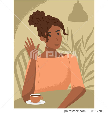 Woman at table waving hand gesturing hello vector 105657019