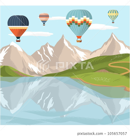 Air hot balloon flying over hills landscape vector 105657057