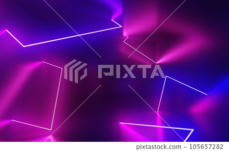 Abstract neon geometric background 3d render. Glowing lines triangle and rectangle shapes with blue pink light traces and blur effect. Laser show with fluorescent led lamps and flare. 3D illustration Abstract neon geometric background 3d render. Glowing lines triangle and rectangle shapes with blue pink light traces and blur effect. Laser show with fluorescent led lamps and flare. 3D illustration 105657282