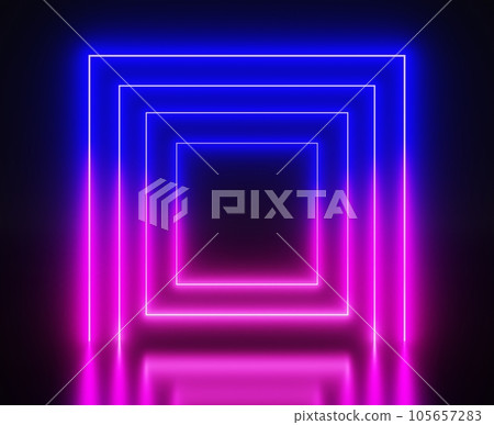 Abstract black room with neon square arches 3d render. Tunnel, virtual portal or frame of glow led lines, nightclub stage, laser light show, futuristic space gate on dark background. 3D illustration Abstract black room with neon square arches 3d render. Tunnel, virtual portal or frame of glow led lines, nightclub stage, laser light show, futuristic space gate on dark background. 3D illustration 105657283