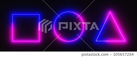 Neon frames square, circle and triangle shapes, 3d render icons set. Electric light banners for night club or casino, glowing borders with gradient colors isolated on black background. 3D illustration Neon frames square, circle and triangle shapes, 3d render icons set. Electric light banners for night club or casino, glowing borders with gradient colors isolated on black background. 3D illustration 105657284