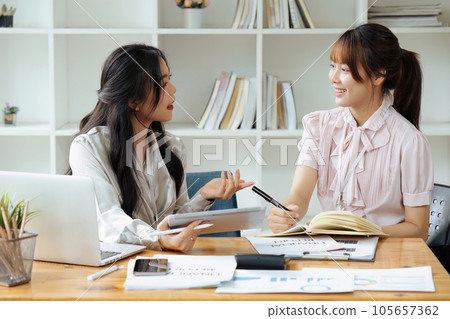 Financier or Analyst Colleagues Discussing a New project Opportunity, Talking in an Office Meeting Room. 105657362