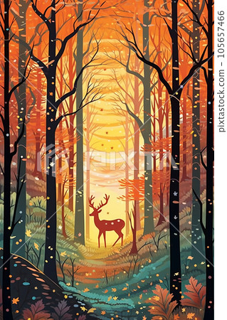 黑暗的森林和樹林中的鹿剪影 105657466