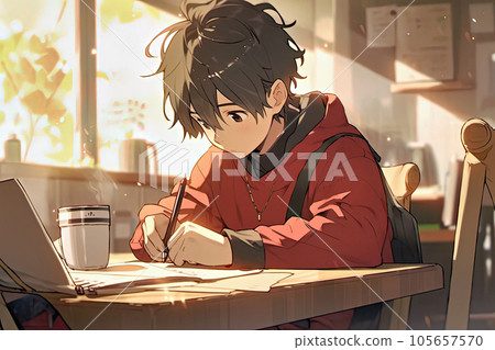 Male student studying at home desk 105657570