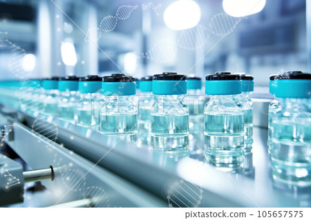 Vaccine-filled transparent bottles lined up on a laboratory production line 105657575