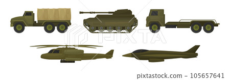 Military Machine and Armored Vehicle for Off-road Track with Aircraft Vector Set Military Machine and Armored Vehicle for Off-road Track with Aircraft Vector Set 105657641