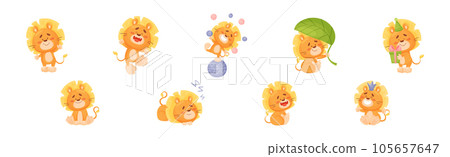 Cartoon Lion Cub Playful Character with Mane Vector Set 105657647