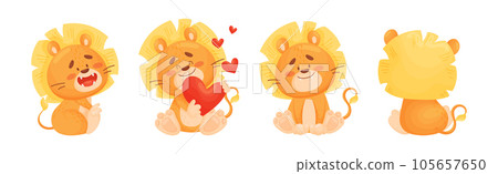 Cartoon Lion Cub Playful Character with Mane Vector Set 105657650