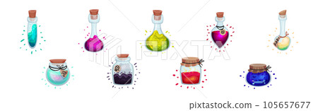 Glass Bottles and Jars with Potion Corked with Bottle Cap Vector Set Glass Bottles and Jars with Potion Corked with Bottle Cap Vector Set 105657677