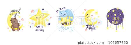 Cute Pictures with Good Night Inscription for Nursery Vector Set 105657860