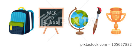 Backpack, Chalkboard, Globe, Brush and Award Cup as Back to School Symbol and Stationery Object Vector Set Backpack, Chalkboard, Globe, Brush and Award Cup as Back to School Symbol and Stationery Object Vector Set 105657882