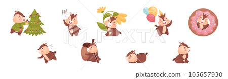 Cartoon Chipmunk with Striped Back Vector Set 105657930