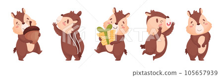 Cartoon Chipmunk with Striped Back Vector Set 105657939