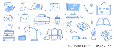 Office work doodle set. Office computer, work desk, notebook doodle icon. Hand drawn sketch style illustration. Business, school education hand drawn elements. Vector 105657966