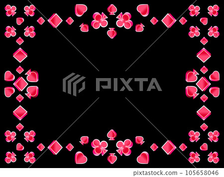 Frame with card suits: diamonds, hearts, clubs, spades in 3d style. Isometric symbols of card suits in red gradient. Card game, casino. Design a template for invitation and banner. Vector illustration 105658046