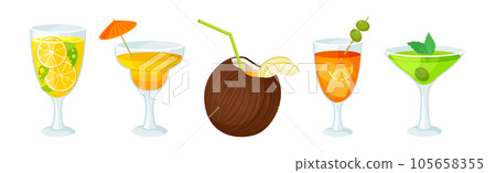 Bright Exotic Cocktail in Glass as Tropical Refreshing Drink Vector Set Bright Exotic Cocktail in Glass as Tropical Refreshing Drink Vector Set 105658355