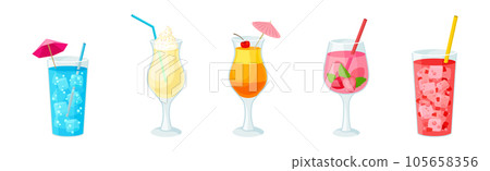 Bright Exotic Cocktail in Glass as Tropical Refreshing Drink Vector Set Bright Exotic Cocktail in Glass as Tropical Refreshing Drink Vector Set 105658356