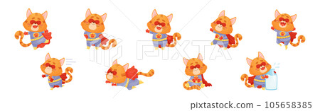 Ginger Whiskered Cat in Red Superhero Cloak and Mask Vector Set 105658385