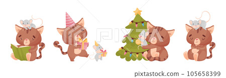 Cute Friendly Cat and Mouse Engaged in Different Activity Vector Set Cute Friendly Cat and Mouse Engaged in Different Activity Vector Set 105658399