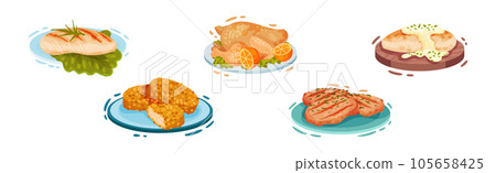 Cooked Chicken Dish with Nuggets and Fillet Vector Set Cooked Chicken Dish with Nuggets and Fillet Vector Set 105658425