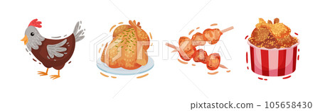 Cooked Chicken Dish with Skewered Shashlik and Fried Legs Vector Set 105658430