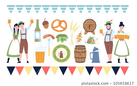 Oktoberfest elements. Munich beer celebration or party with sausages and drinks. German festival, flat bavarian decorations recent vector set 105658617
