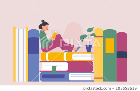 Girl reading book concept. Student read textbook or diary, giant books and young female character. Hobby or self education, splendid vector concept 105658619