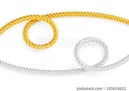 Gold and silver silk ropes with loops or knots 3d render set. Round frames of satin cord, isolated golden and metal decorative sewing threads, tie borders, curve and twisted strings. 3D illustration 105658622