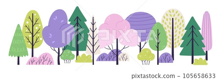 Abstract doodle forest background. Colorful trees, scandinavian style bush and tree. Creative garden or park landscape. Nature racy vector banner Abstract doodle forest background. Colorful trees, scandinavian style bush and tree. Creative garden or park landscape. Nature racy vector banner 105658633