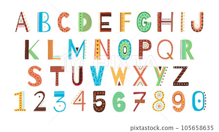 Ethnic tribal style alphabet, african type letters and numbers. Lettering graphic design, creativity typing symbols, racy vector typography collection 105658635