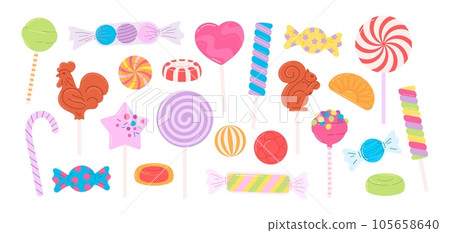 Cartoon sweets, lollipop and fruit candies. Sugar candy, holiday children presents. Confectionery, caramel and chewing gums. Racy vector clipart Cartoon sweets, lollipop and fruit candies. Sugar candy, holiday children presents. Confectionery, caramel and chewing gums. Racy vector clipart 105658640
