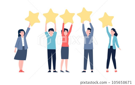 Flat people hold rating stars. Review star or feedback in internet, goods recommendations. Comments of clients, customer recent vector characters Flat people hold rating stars. Review star or feedback in internet, goods recommendations. Comments of clients, customer recent vector characters 105658671