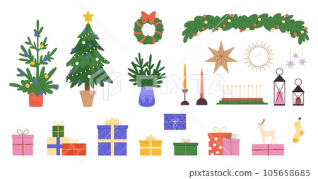 New year and christmas home decorations collection. House decor, xmas tree, gift boxes and candles. Scandinavian style winter holiday vector set New year and christmas home decorations collection. House decor, xmas tree, gift boxes and candles. Scandinavian style winter holiday vector set 105658685