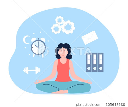 Female job life balance, meditation woman with icons of work, sleep, healthy lifestyle. Cleaning mind, wellbeing person vector concept 105658688