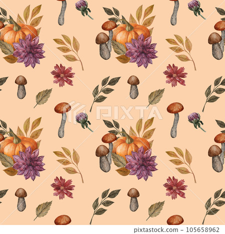Watercolor seamless pattern with pumpkin, mushrooms, Dahlia and autumn leaves. Hand drawn illustration for thanksgiving design. Digital Paper for wrapping, textile, scrapbook or background. 105658962