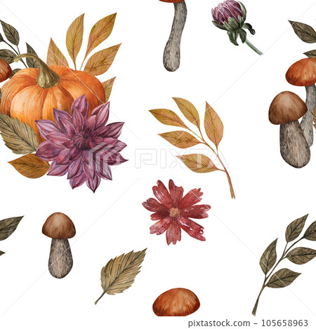 Watercolor seamless pattern with pumpkin, mushrooms, Dahlia and autumn leaves. Hand drawn illustration for thanksgiving design. Digital Paper for wrapping, textile, scrapbook or background. 105658963