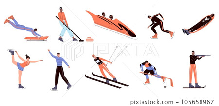 Winter sports. Professional athletes. Cartoon people characters. Snow and ice skating. Speed race. Bobsleigh and biathlon competition. Curling and hockey. Vector isolated sportsmen set 105658967