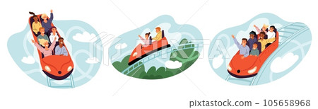 People on roller coaster. Extreme feelings in amusement park. Visitors in speed trailers. Emotional adrenaline rush. Friends on rollercoaster van. Weekend entertainment. Garish vector set People on roller coaster. Extreme feelings in amusement park. Visitors in speed trailers. Emotional adrenaline rush. Friends on rollercoaster van. Weekend entertainment. Garish vector set 105658968
