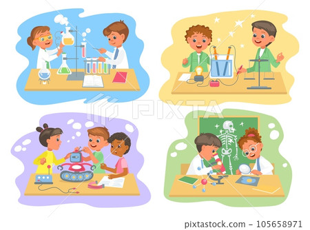 Little students work in laboratories. Happy children in practical biology or chemistry lessons. Physics class. Young scientists study. Kids group programming robots. Splendid vector set Little students work in laboratories. Happy children in practical biology or chemistry lessons. Physics class. Young scientists study. Kids group programming robots. Splendid vector set 105658971